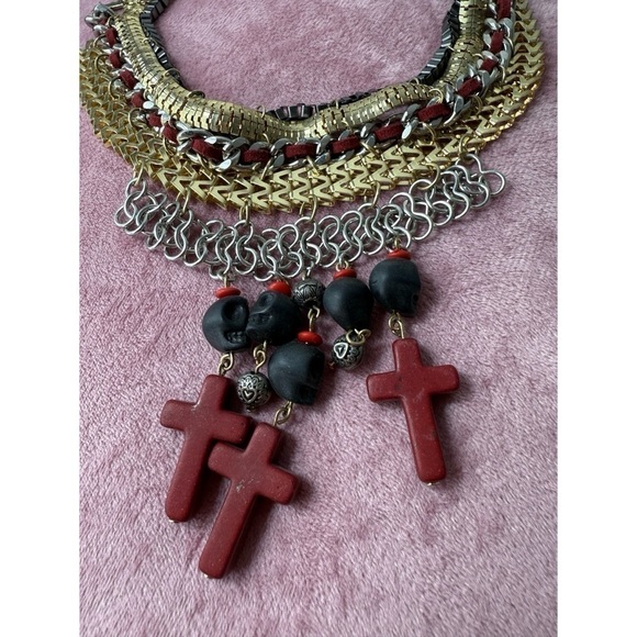 Topshop Silver Gold Black Skulls Cross Stacked Chain Choker Statement Necklace - Picture 2 of 6
